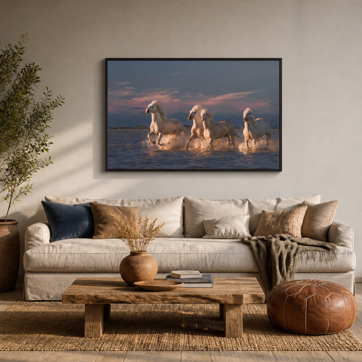 Room mockup featuring Horses of Camargue Twilight Photo Print