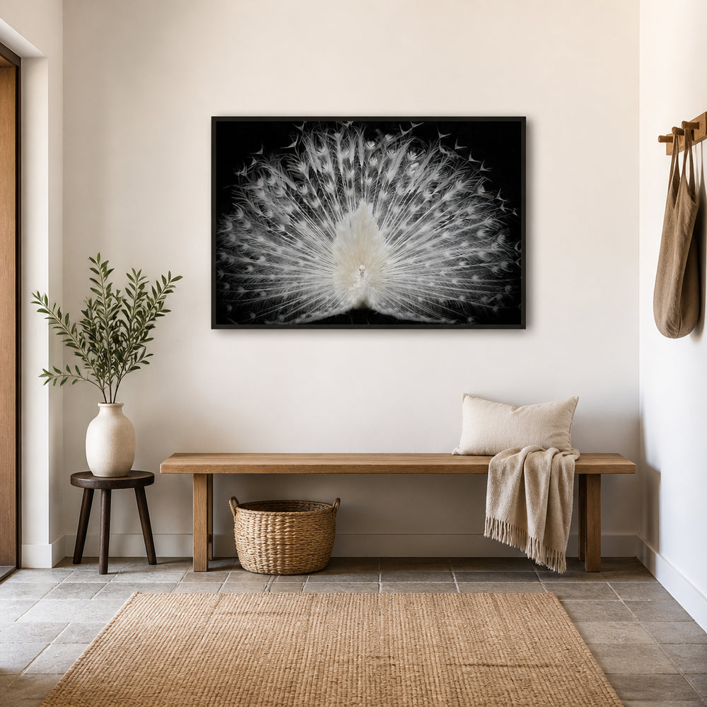 Room mockup featuring White Peacock Majesty Photo Print