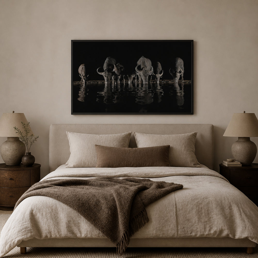 Room mockup featuring Buffalo's Midnight Gathering Photo Print