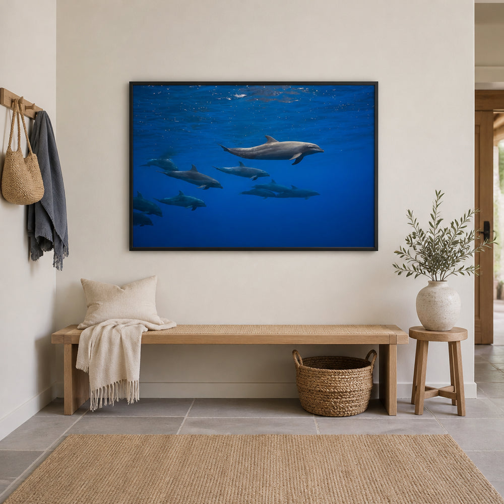 Room mockup featuring Ocean Symphony Dolphins Photo Print