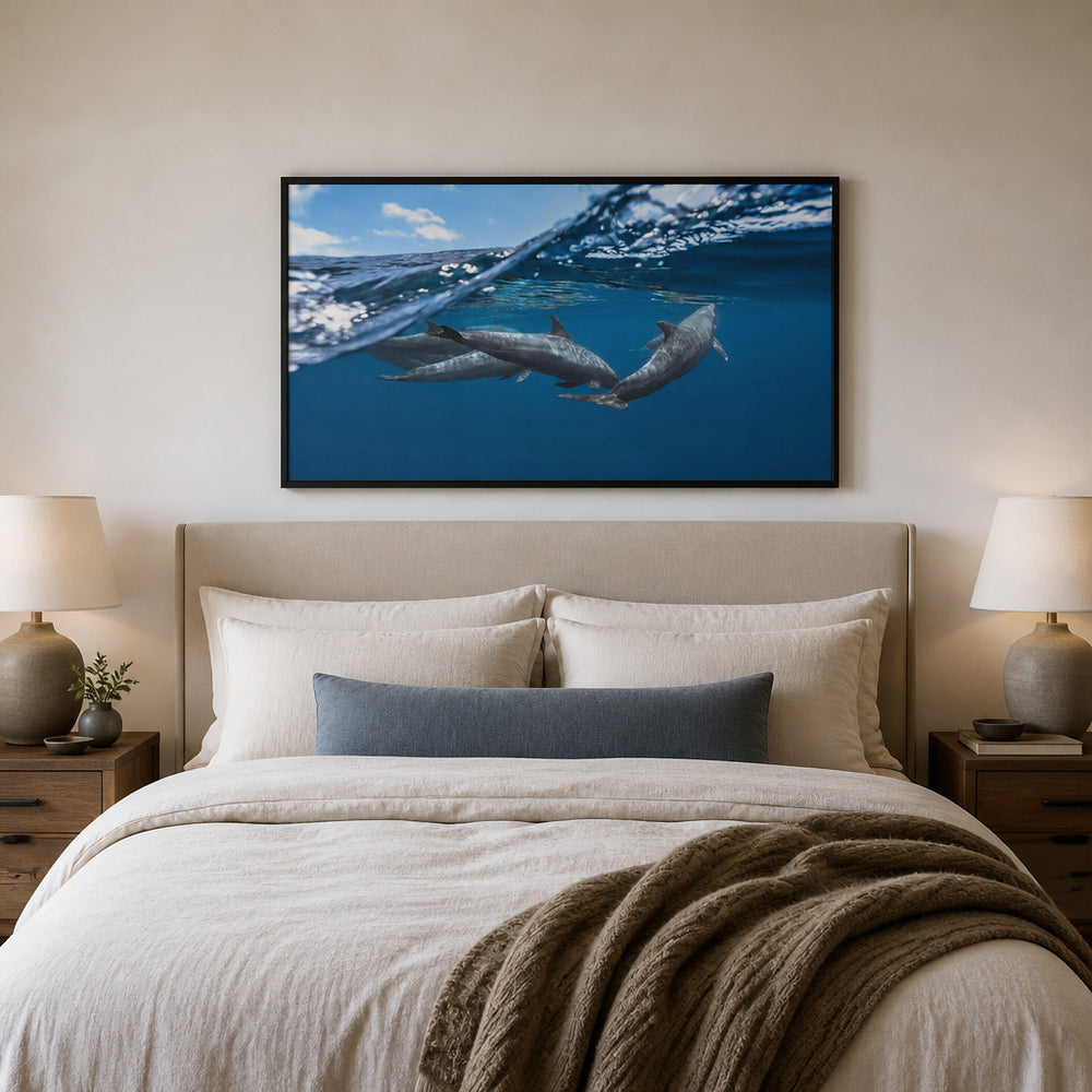 Room mockup featuring Oceanic Dolphin Harmony Photo Print