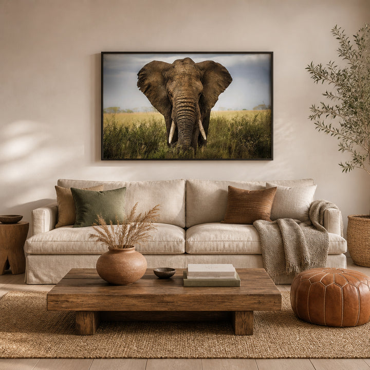 Room mockup featuring Elephant Majesty In Serengeti Photo Print