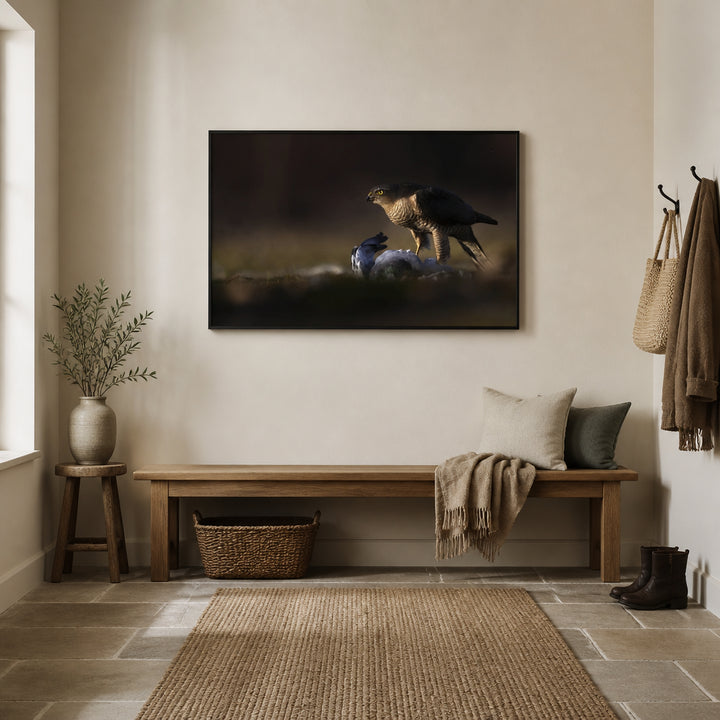 Room mockup featuring Hawk's Midnight Gaze Photo Print