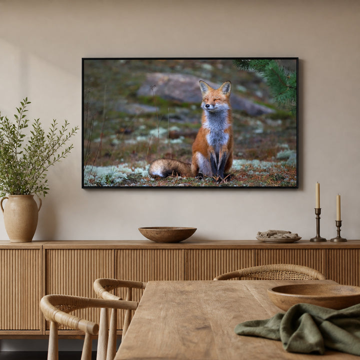 Room mockup featuring Zen Fox In Algonquin Forest Photo Print