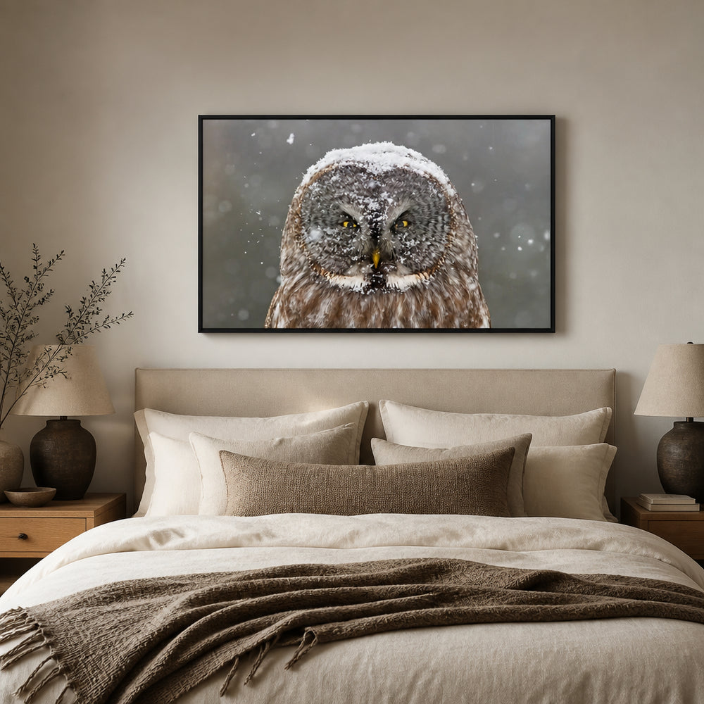 Room mockup featuring Snowy Grey Owl Majesty Photo Print