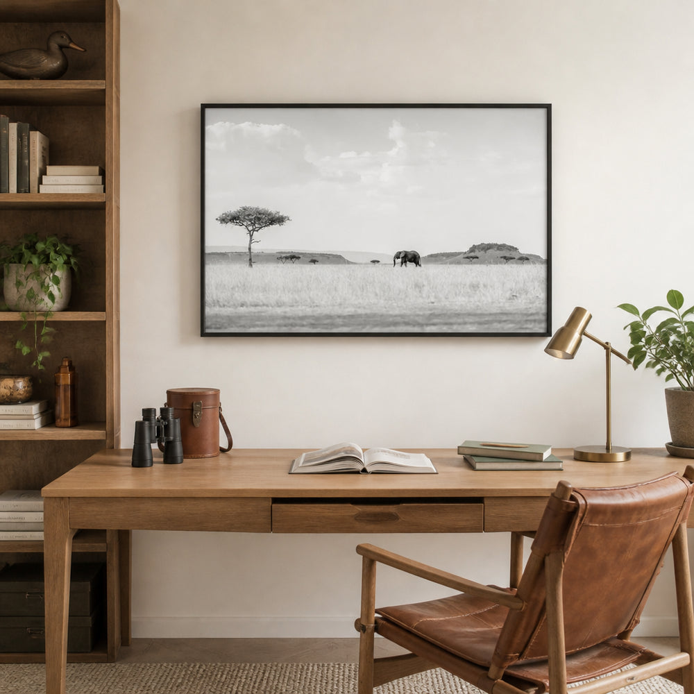 Room mockup featuring Elephant's Tranquil Savannah Photo Print