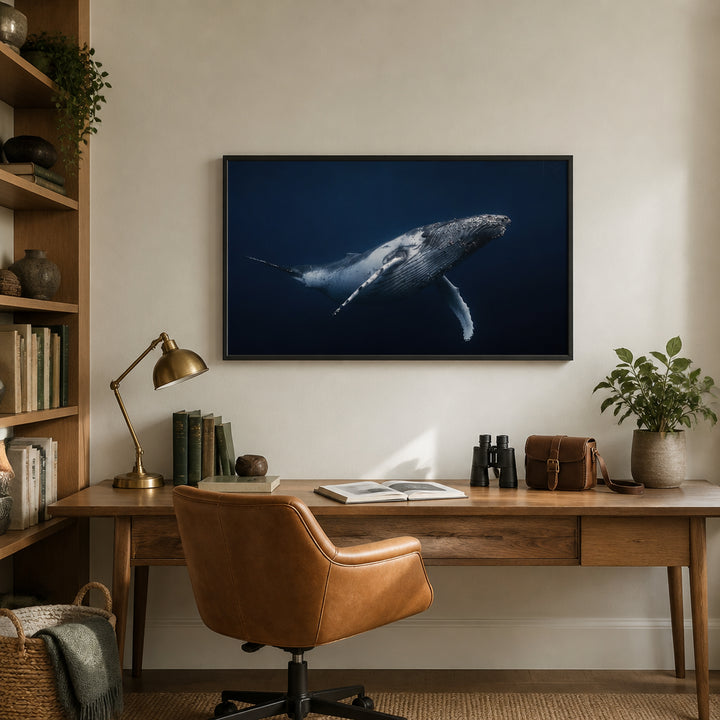 Room mockup featuring Blue Serenity Humpback Photo Print