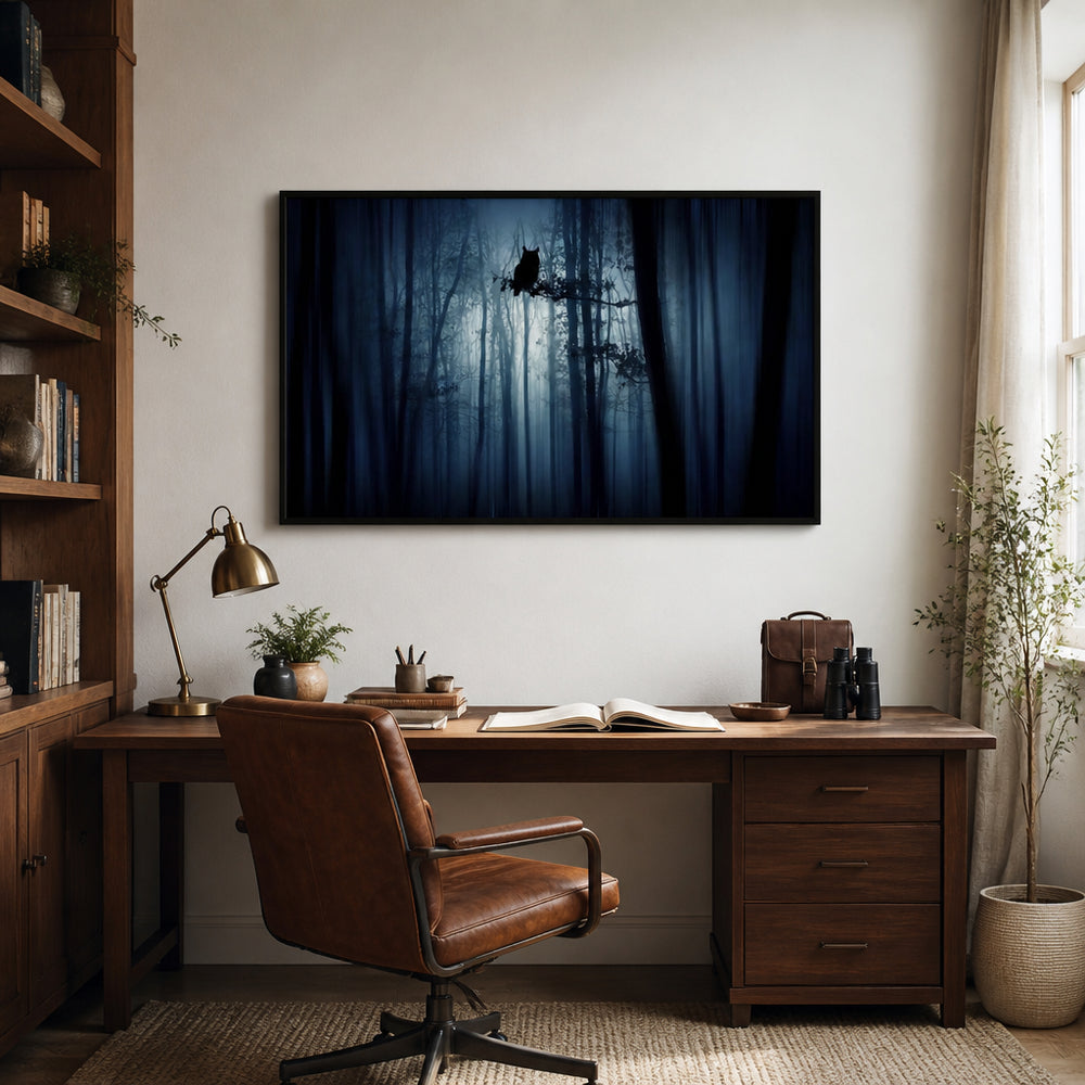 Room mockup featuring Mystic Owl In The Forest Photo Print