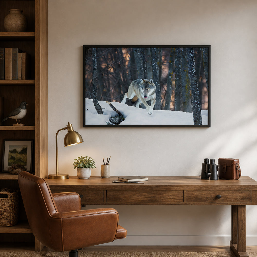 Room mockup featuring Snowy Forest Wolf Photo Print