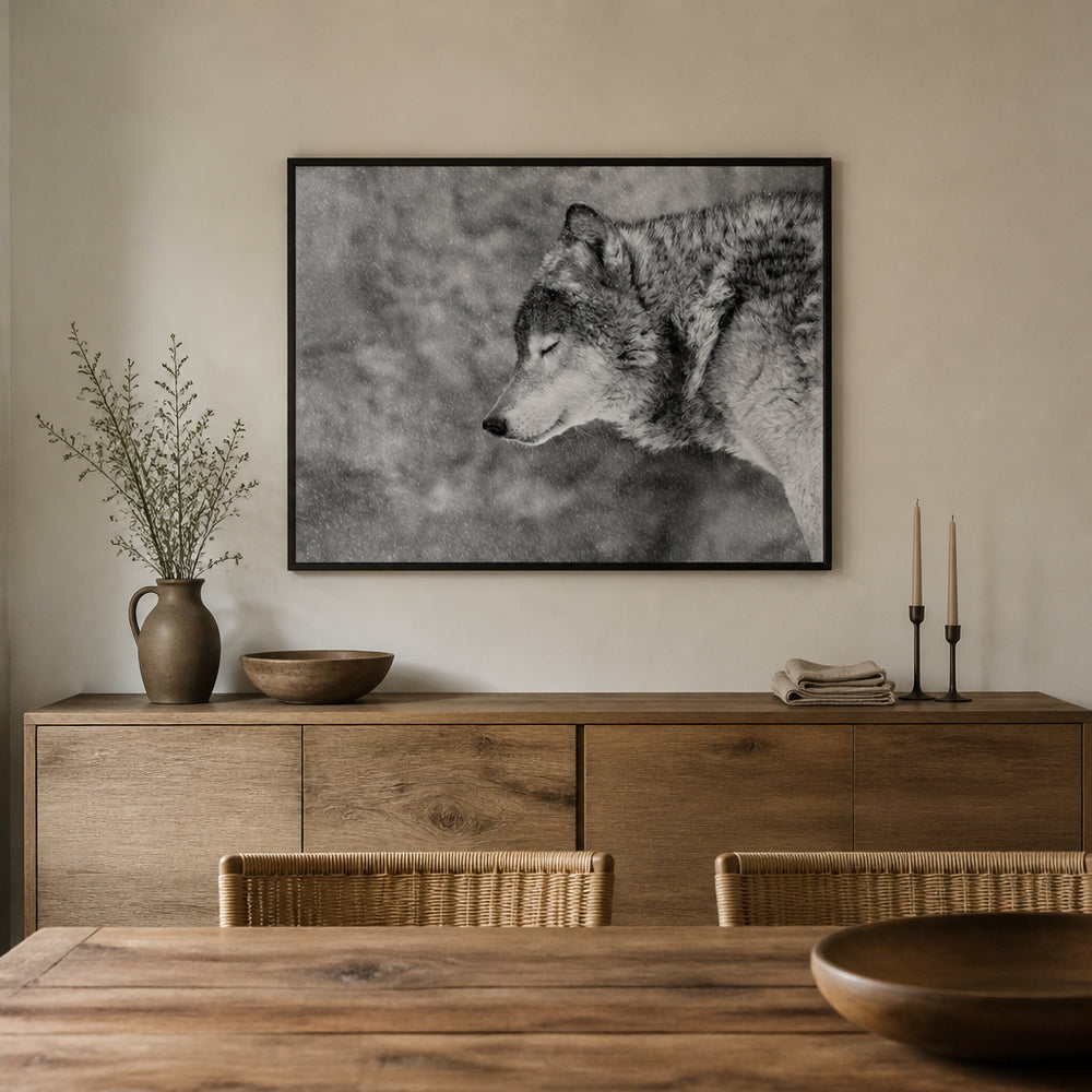 Room mockup featuring Snowy Wolf Serenity Photo Print