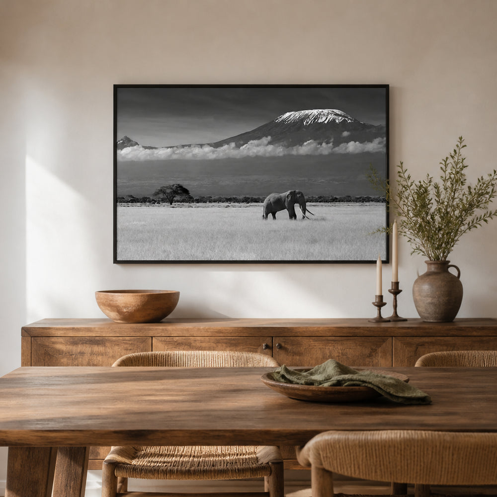Room mockup featuring Elephant's Solitude Under Kilimanjaro Photo Print