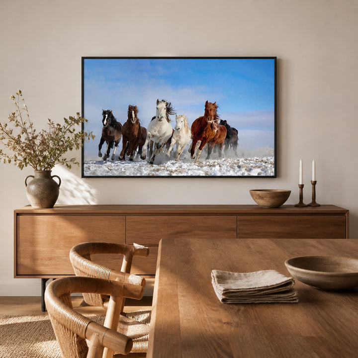Room mockup featuring Galloping Snow Herd Photo Print