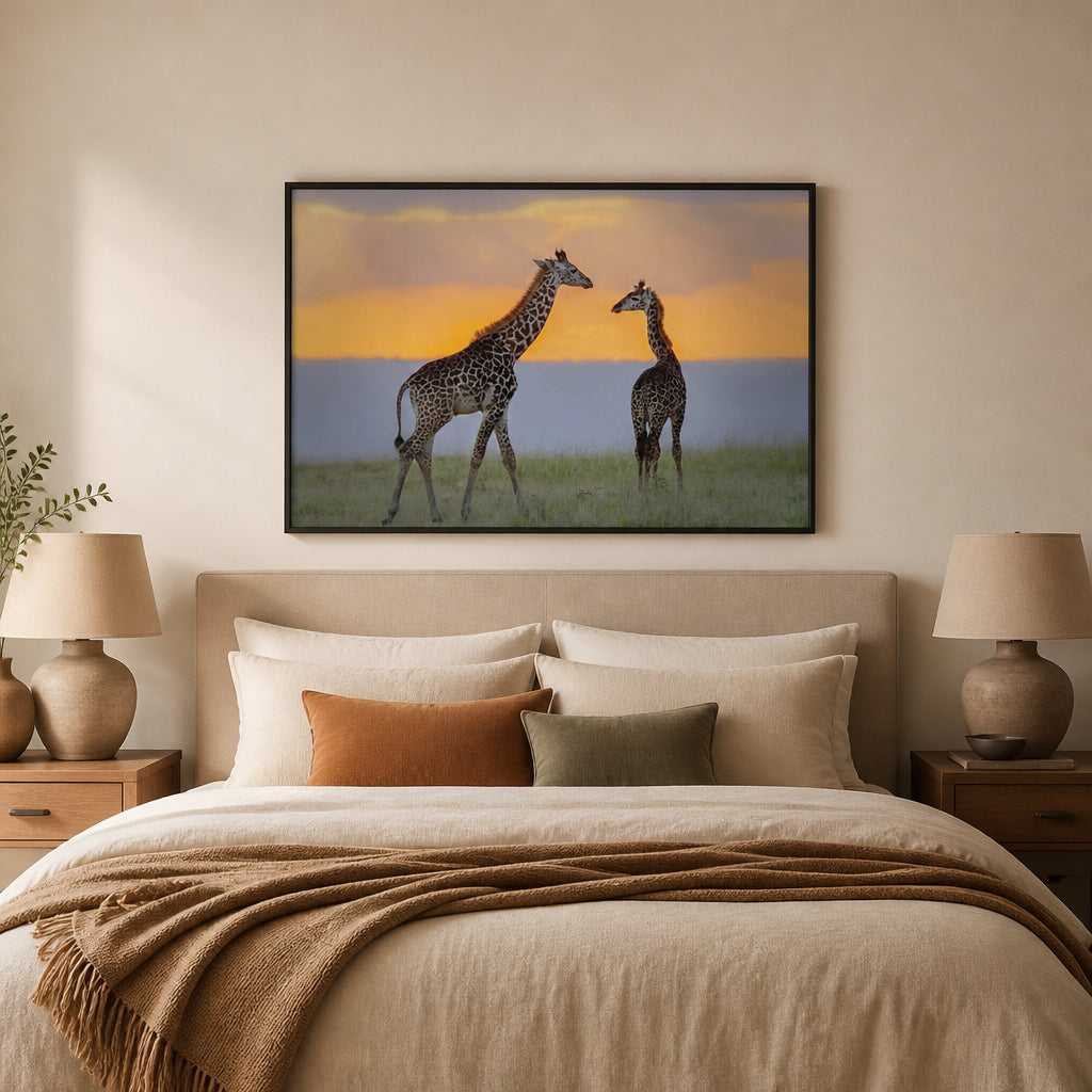 Room mockup featuring Sunset Giraffe Peace Photo Print