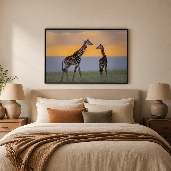 Room mockup featuring Sunset Giraffe Peace Photo Print