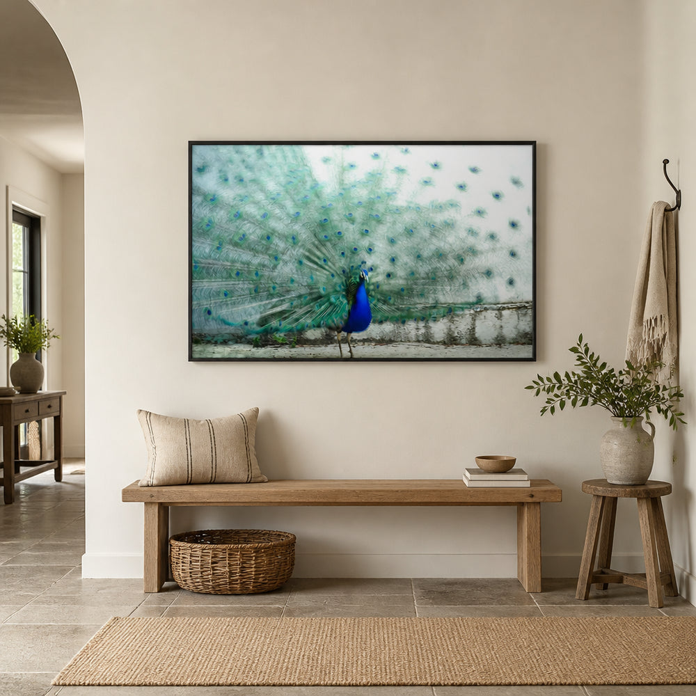 Room mockup featuring Majestic Plumage Peacock Photo Print