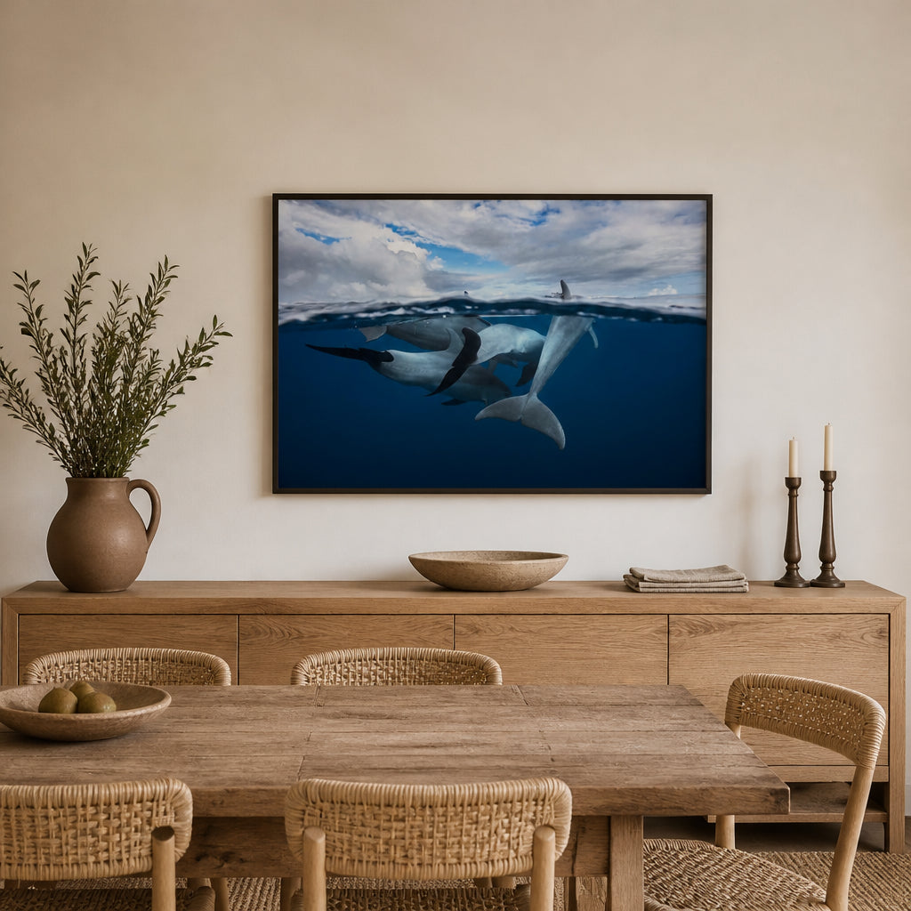 Room mockup featuring Oceanic Dolphin Serenity Photo Print