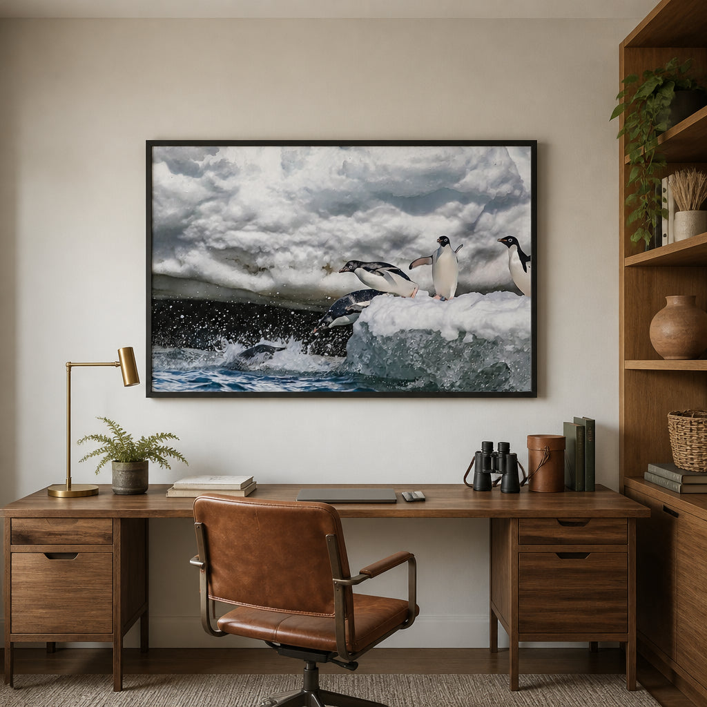 Penguin Plunge Photo Print shown in a styled room