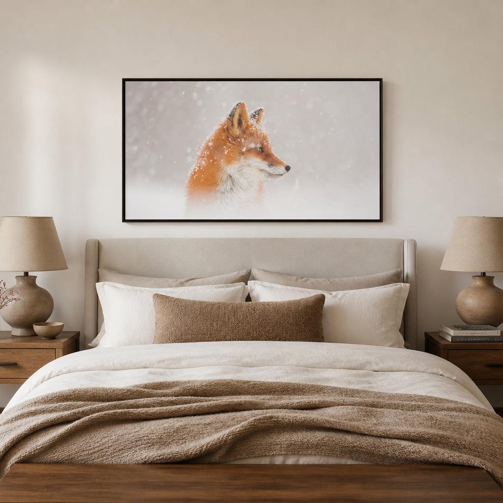 Winter Fox Serenity Photo Print shown in a styled room