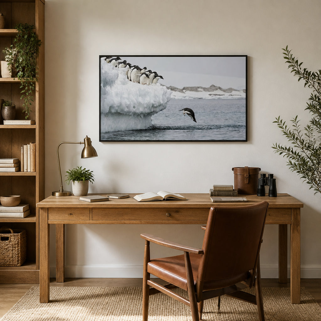 Penguin Plunge Splash Photo Print shown in a styled room
