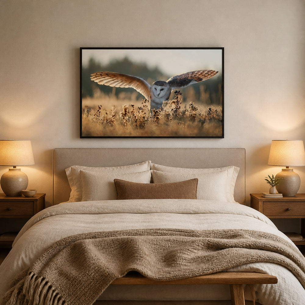 Room mockup featuring Dawn Flight Owl Photo Print