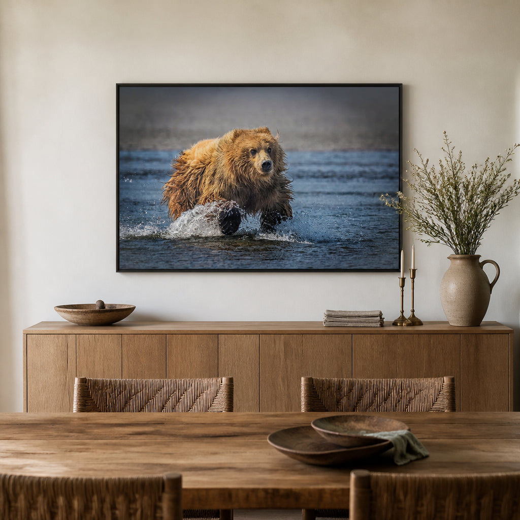 Bear's Charge Photo Print shown in a styled room