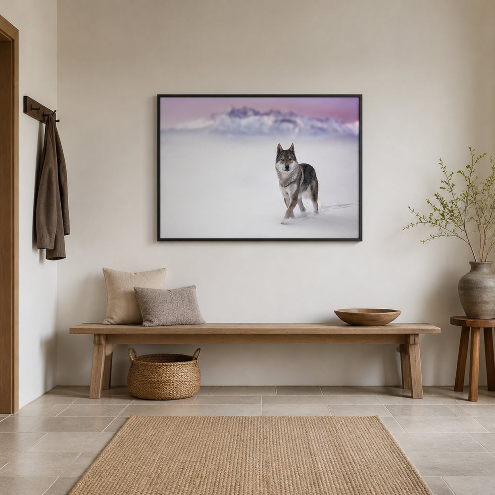 Room mockup featuring Wolf In The Arctic Dawn Photo Print