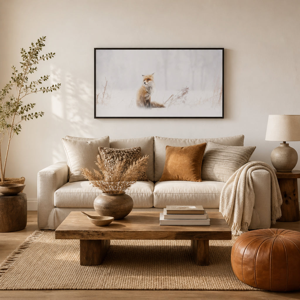 Winter Fox Waiting Photo Print shown in a styled room