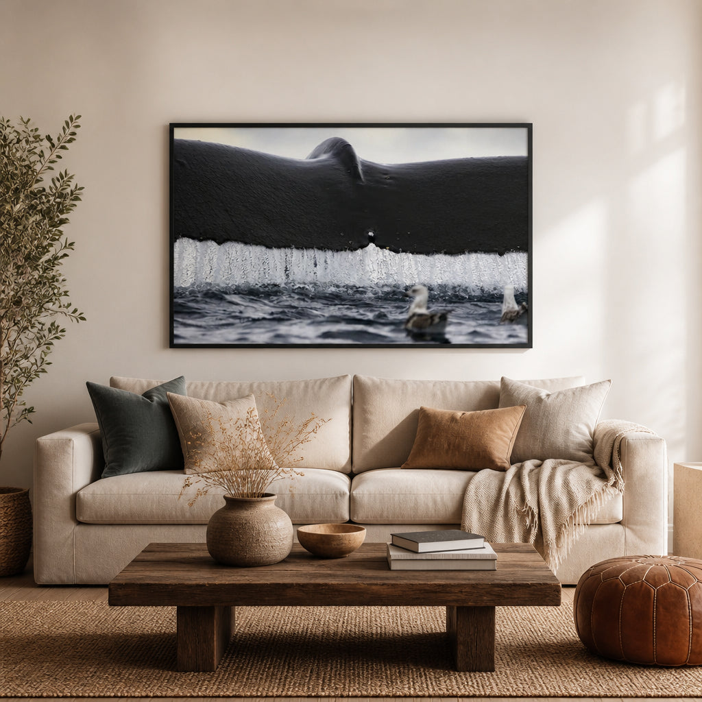 Whale Waterfall Photo Print shown in a styled room