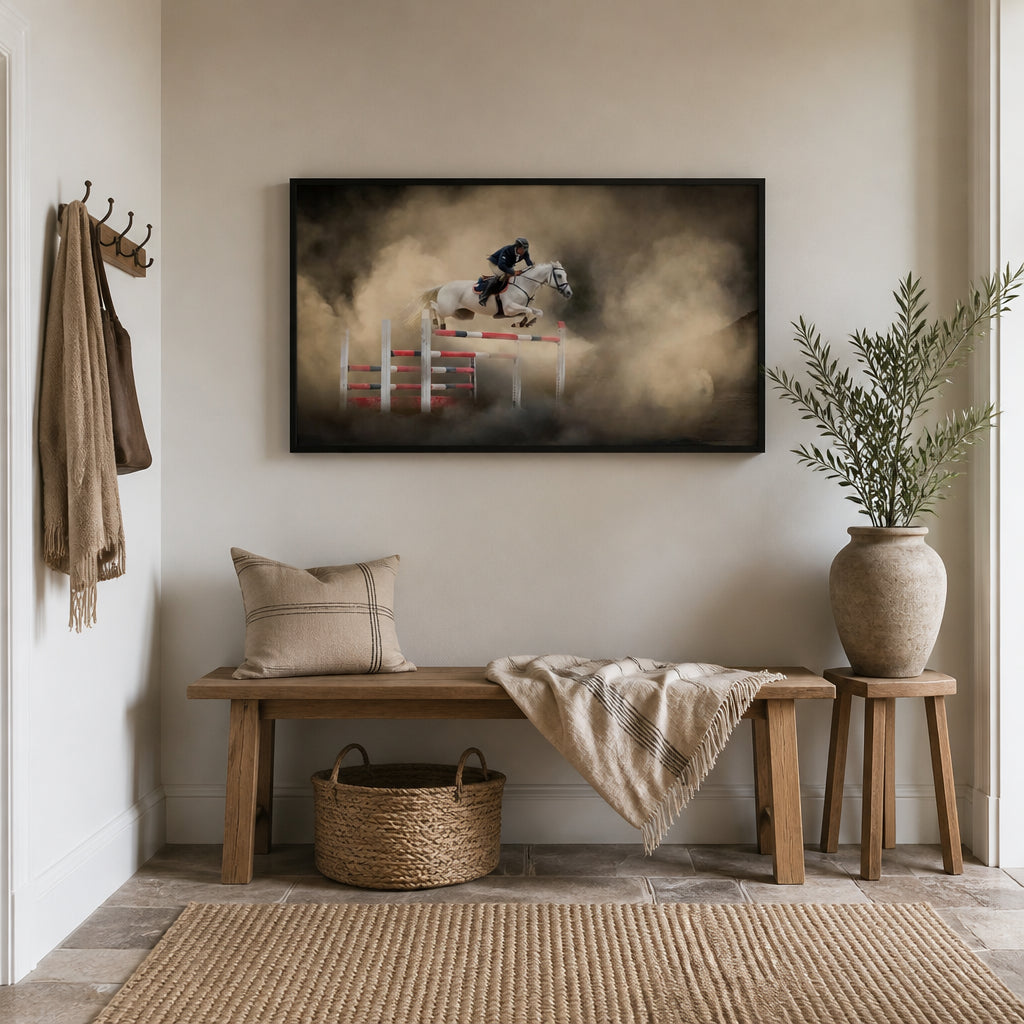 Ethereal Equine Leap Photo Print shown in a styled room