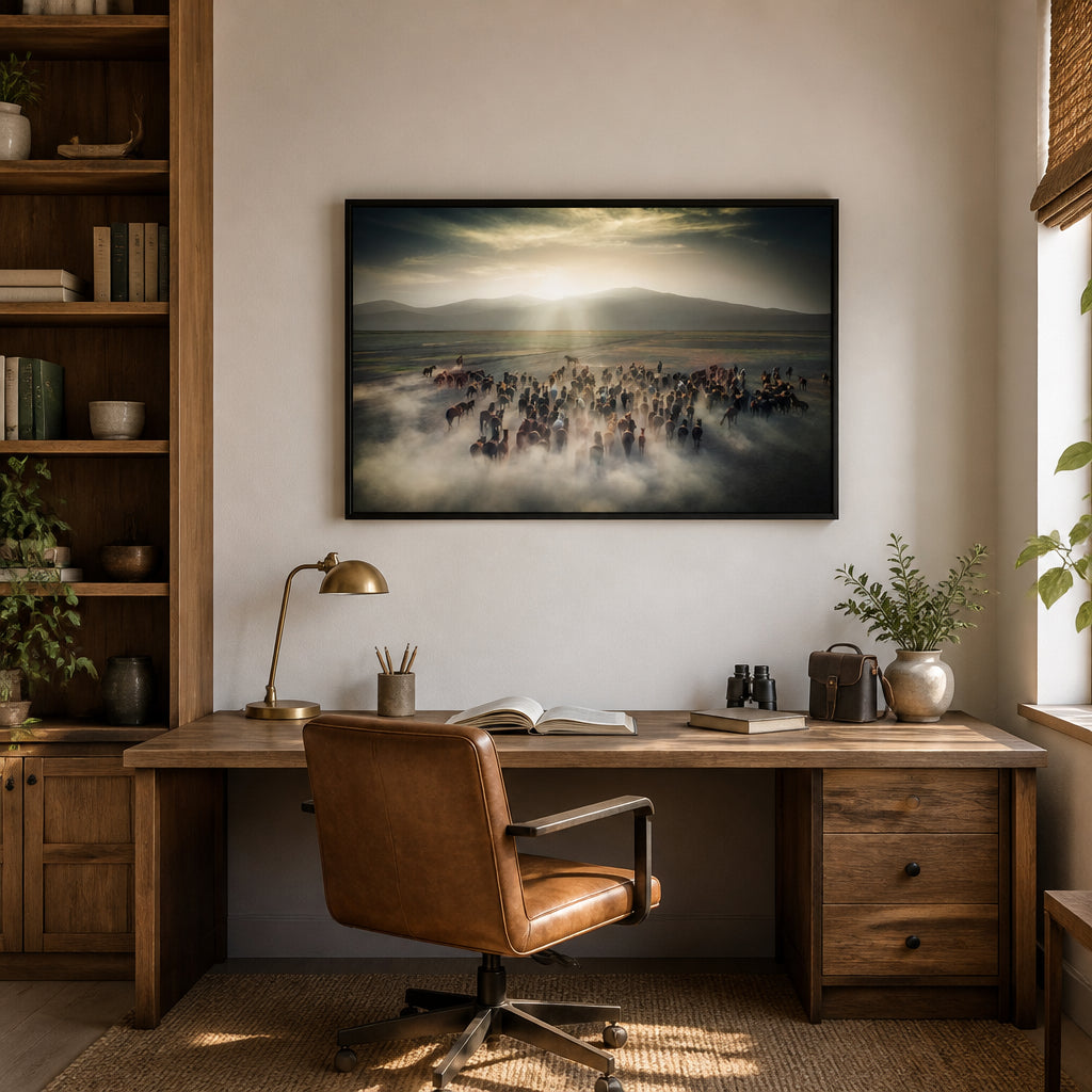 Sunset Gallop Photo Print shown in a styled room