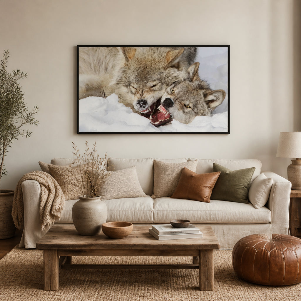 Wolves & Foxes photography prints in a styled room