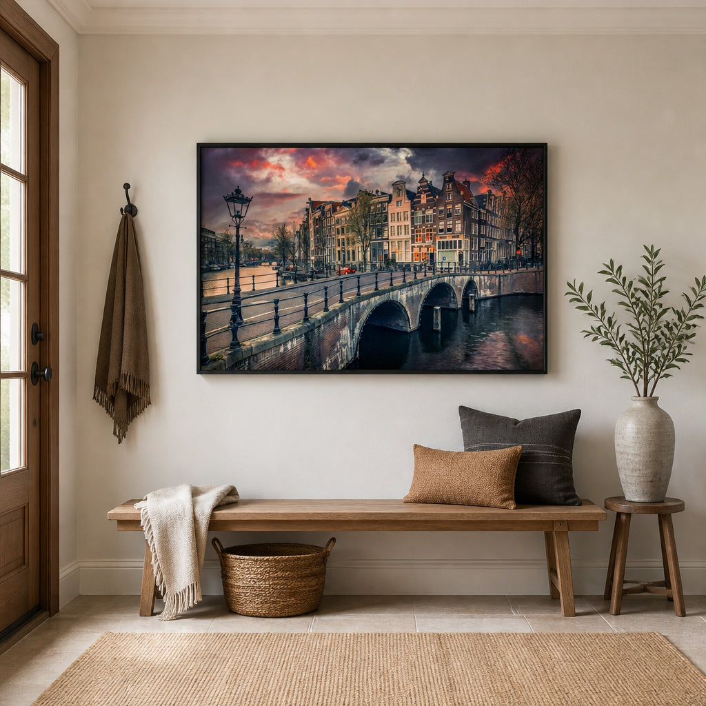 Amsterdam Canal Sunset Photo Print shown in a styled room