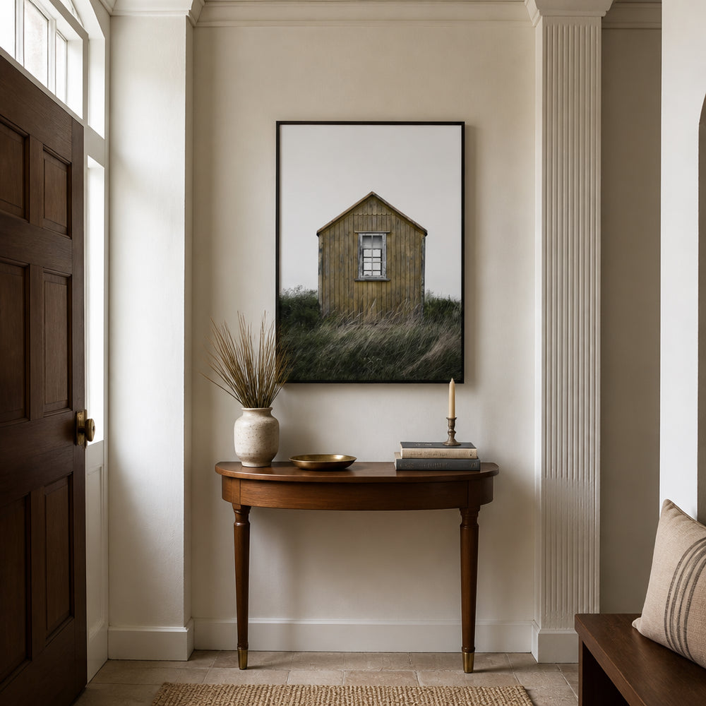 Room mockup featuring Solitary Beach Hut Photo Print