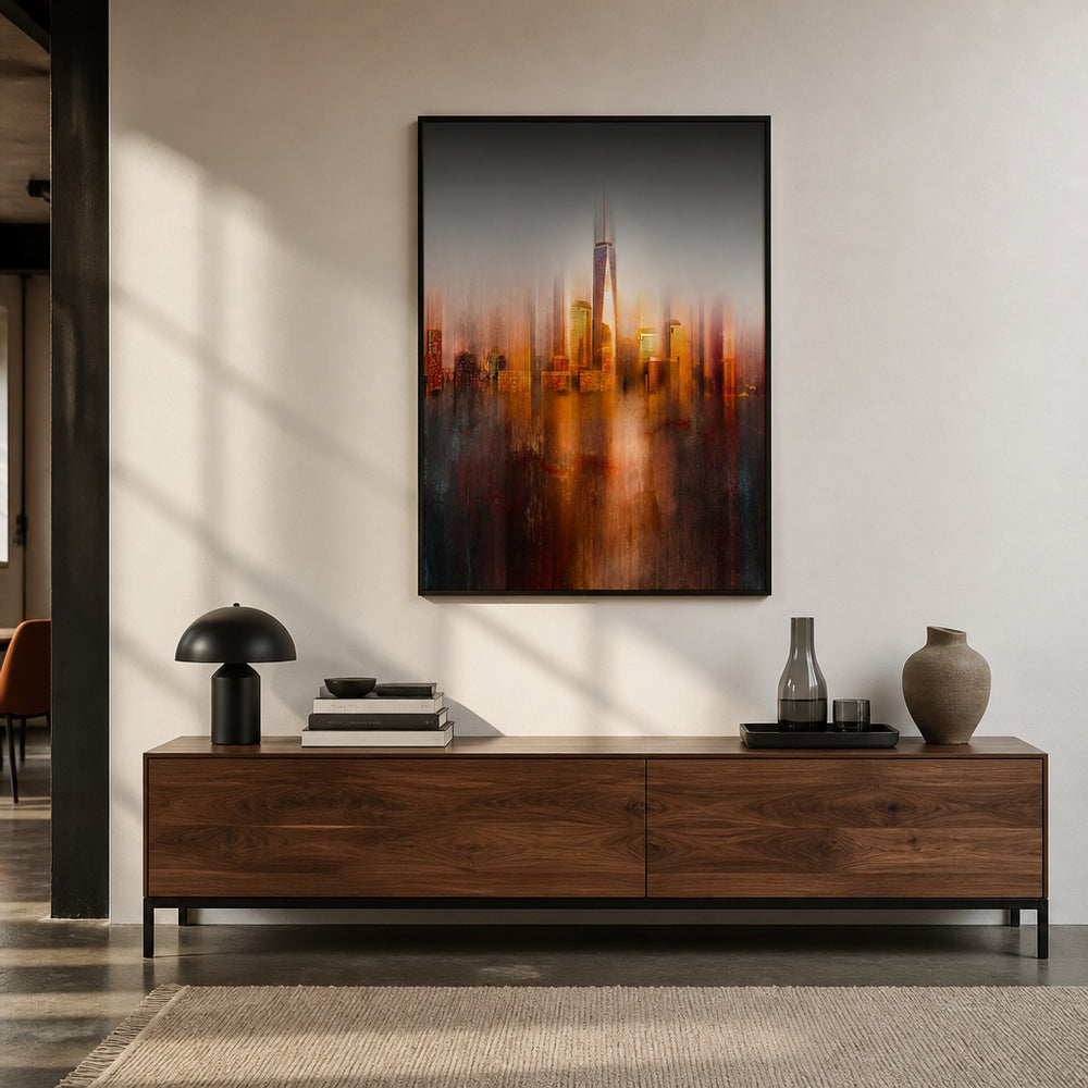 Room mockup featuring Blurred Cityscape Reflections Photo Print