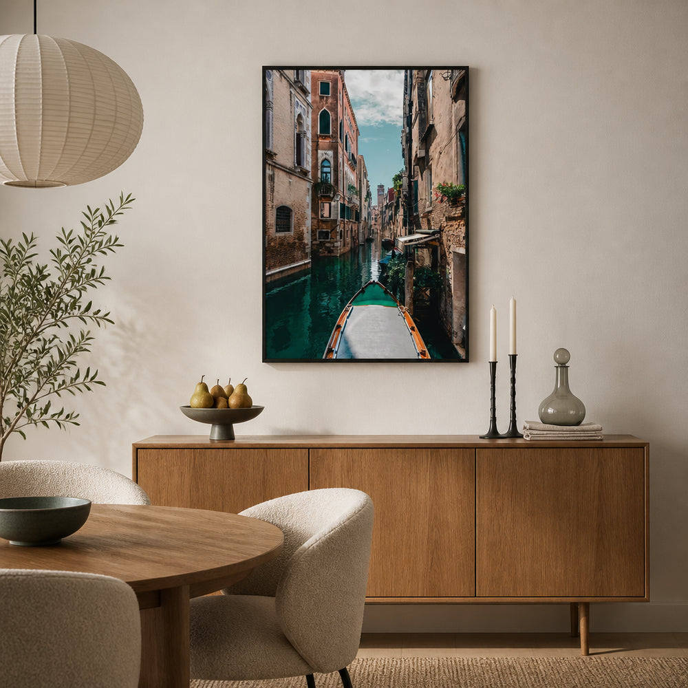 Room mockup featuring Venetian Canal Voyage Photo Print