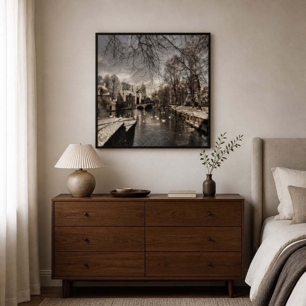 Room mockup featuring Swans On Frozen Canal Photo Print