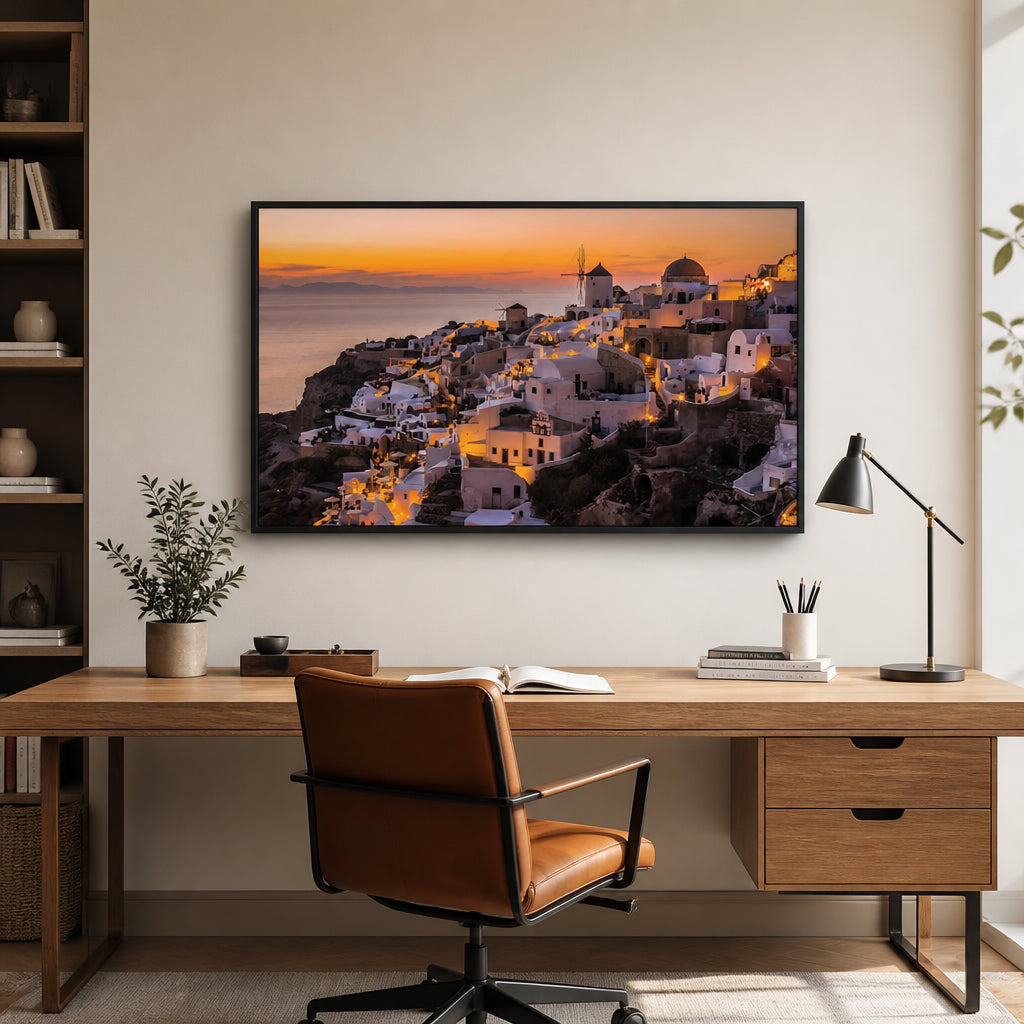 Room mockup featuring Calispera Sunset Over Santorini Photo Print