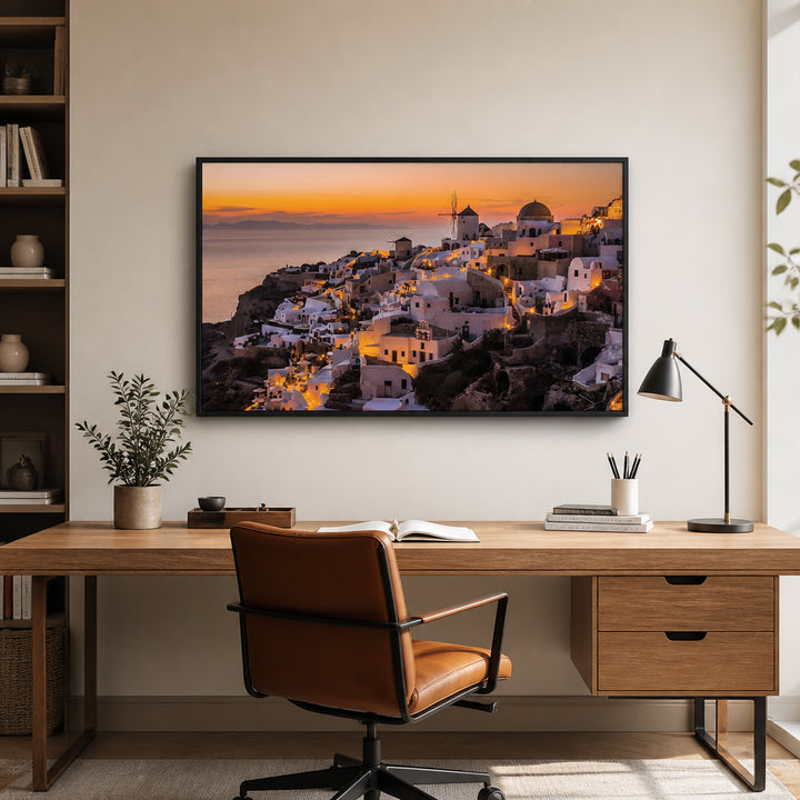 Room mockup featuring Calispera Sunset Over Santorini Photo Print