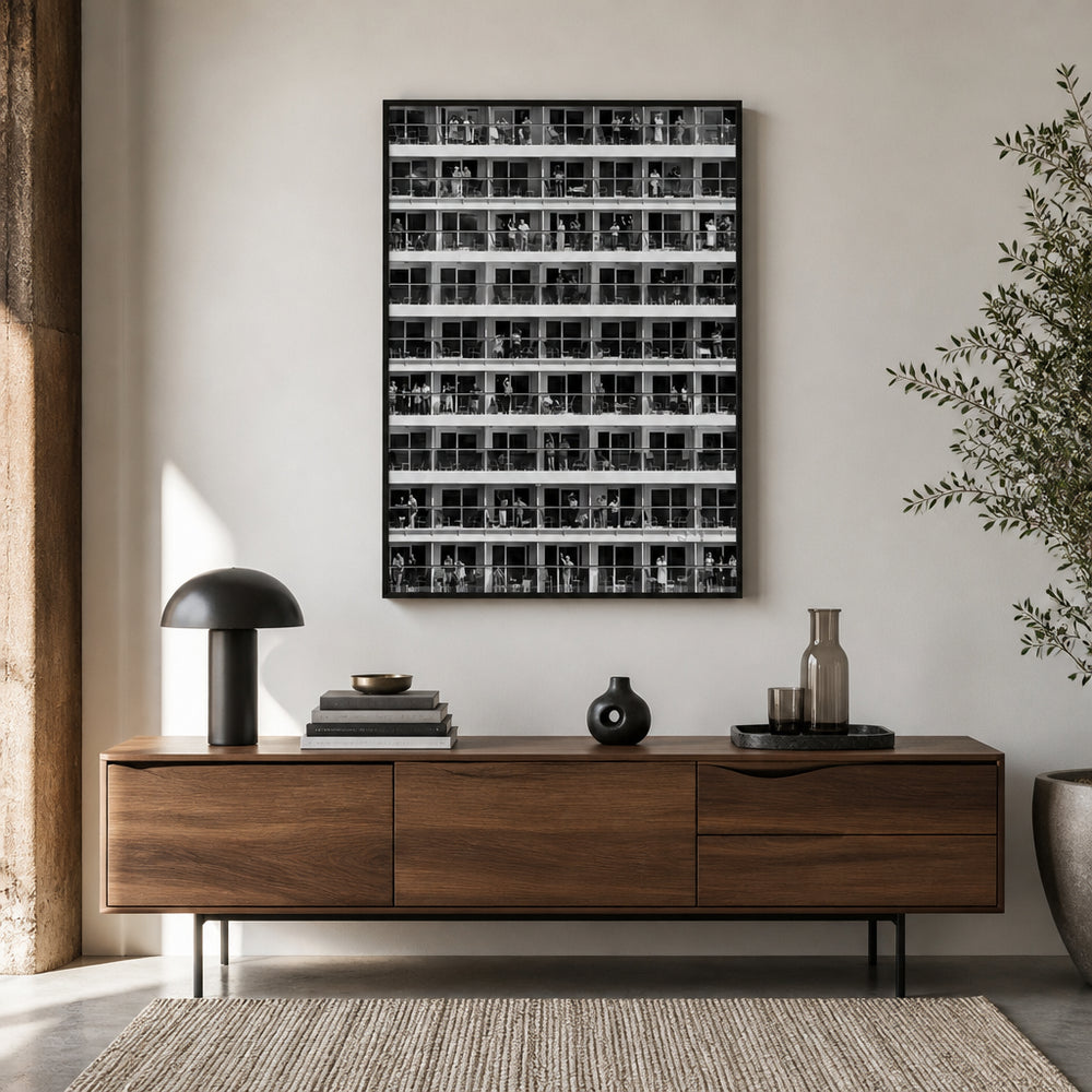 Room mockup featuring Balcony Travelers Photo Print