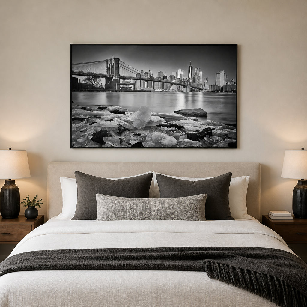 Brooklyn Bridge Frozen Waters Photo Print shown in a styled room