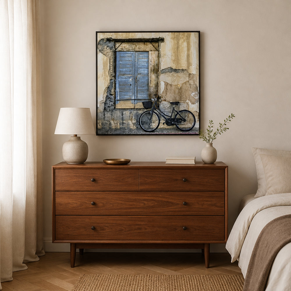 Room mockup featuring Vintage Bicycle By Rusty Window Photo Print