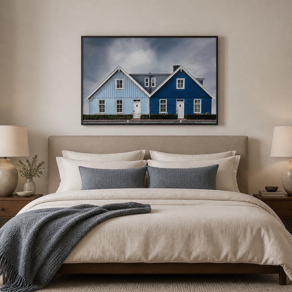 Room mockup featuring Blue Seaside Cottages Photo Print