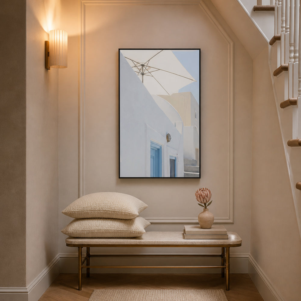 Room mockup featuring Sunshade Over Blue Doors Photo Print