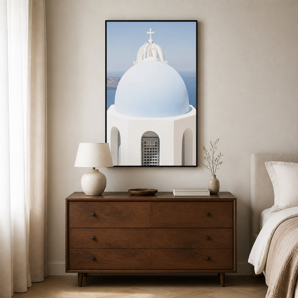 Room mockup featuring Santorini Blue Dome Photo Print