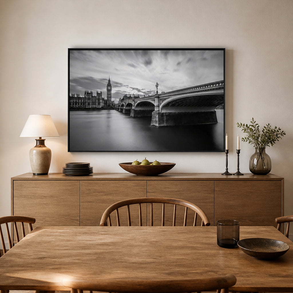 Room mockup featuring Westminster Bridge Tranquility Photo Print
