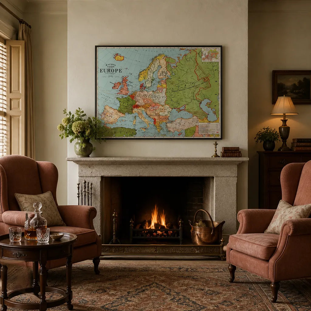 Room mockup featuring Bacons Standard Map of Europe by George Washington Bacon Art Print