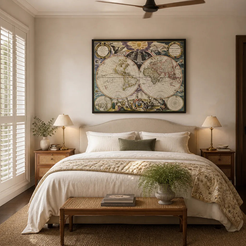 Room mockup featuring World Map by Samuel Augustus Mitchell Art Print