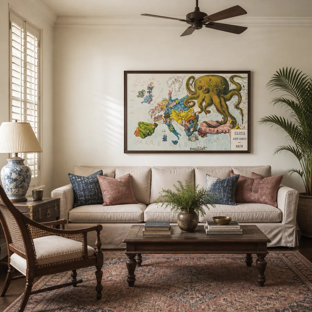 Room mockup featuring Papagallo no.15 la Piovra Russa Anno VI by Augusto Grossi Art Print