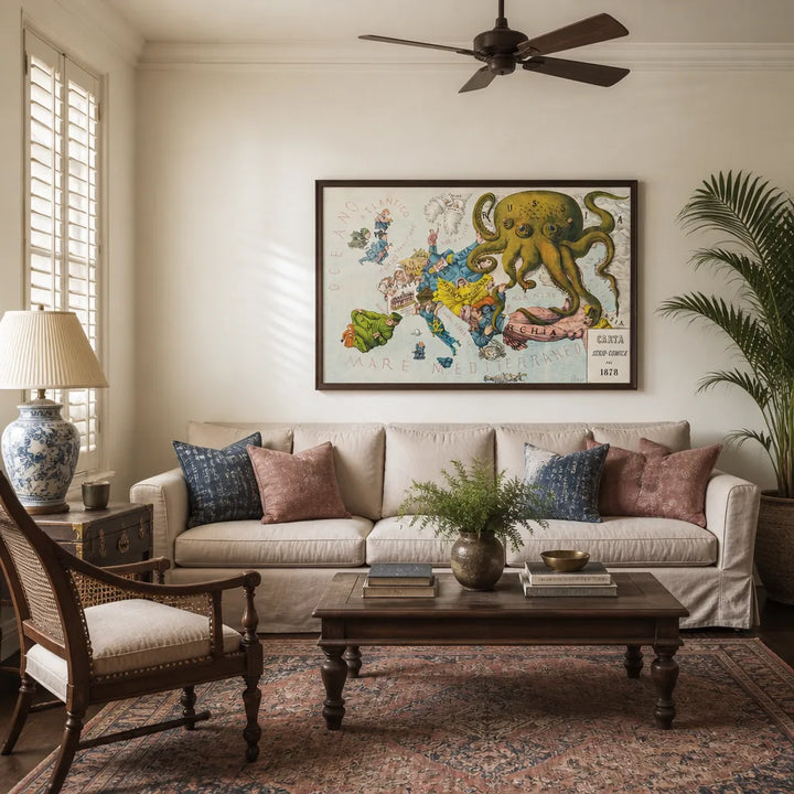 Room mockup featuring Papagallo no.15 la Piovra Russa Anno VI by Augusto Grossi Art Print