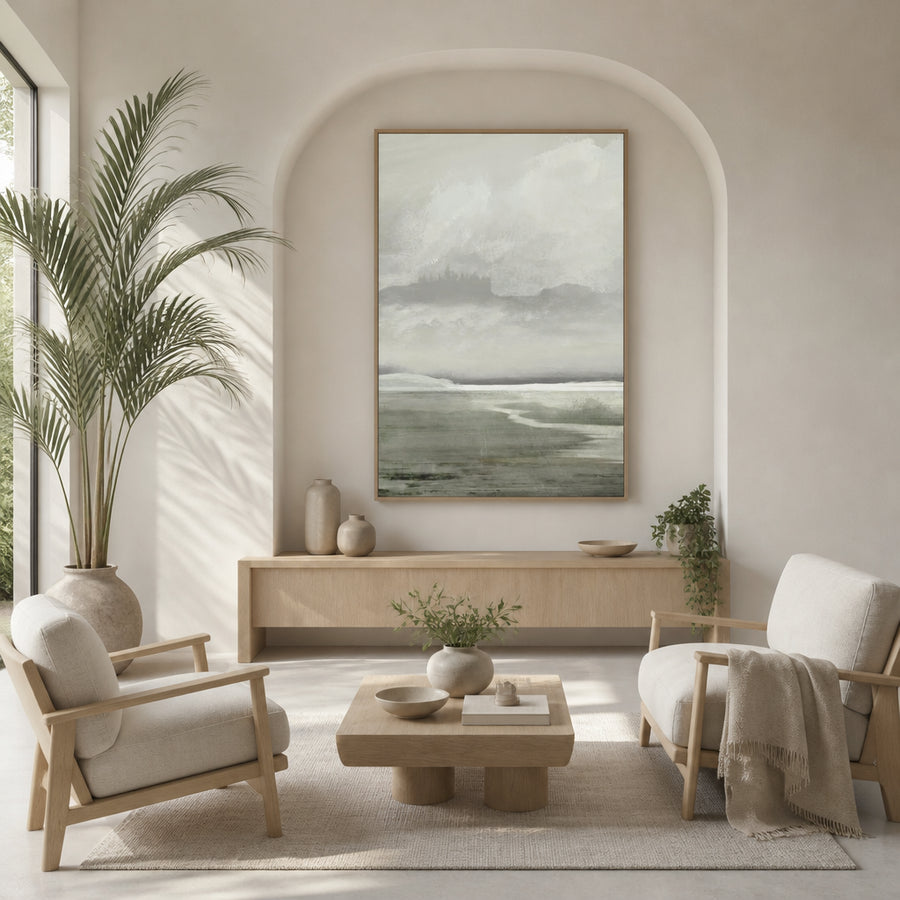 Misty Lakescape Art Print in a room setting